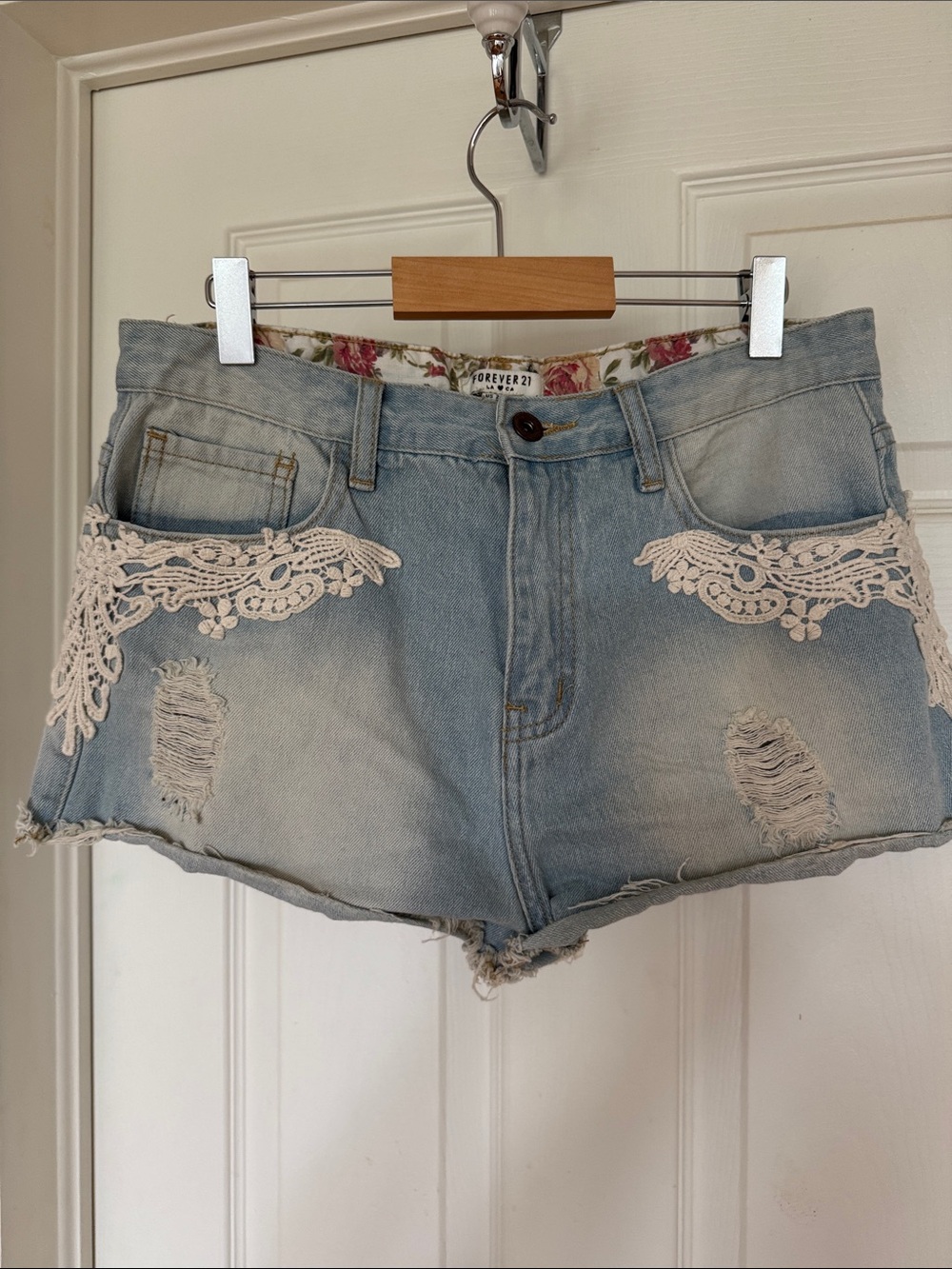 Forever 21 Light Blue Denim Shorts with Cream Lace Trim